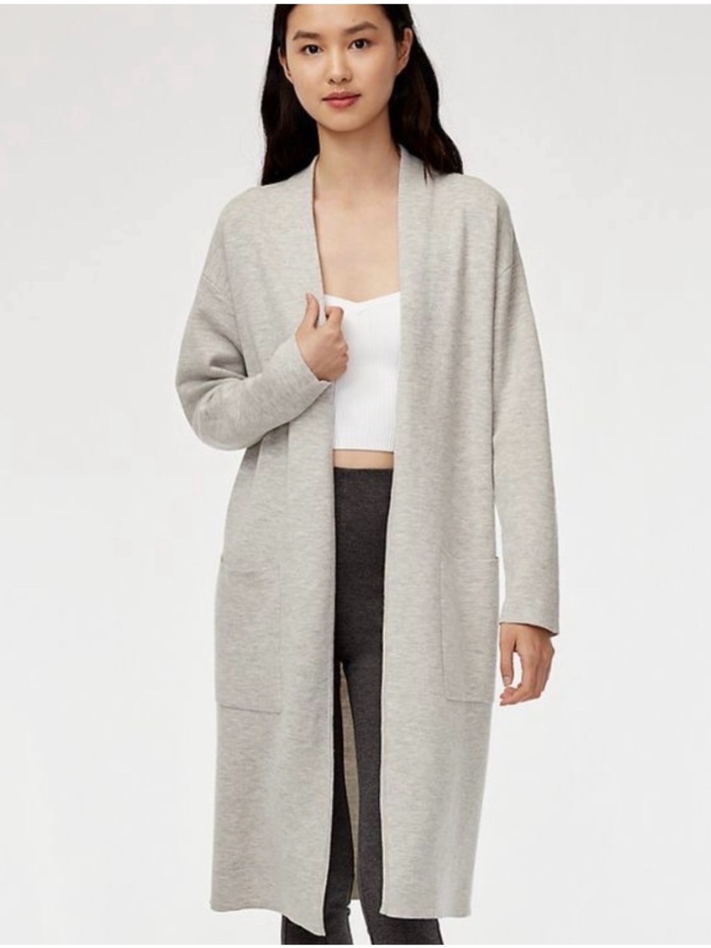 Babaton Aritzia Light Gray Long Open-Front Wool linen Cardigan